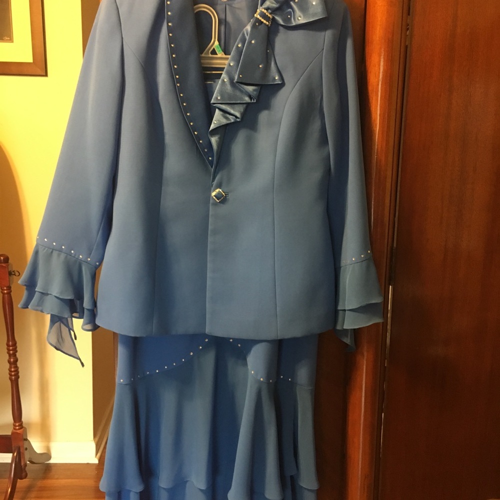 Dark blue suit.